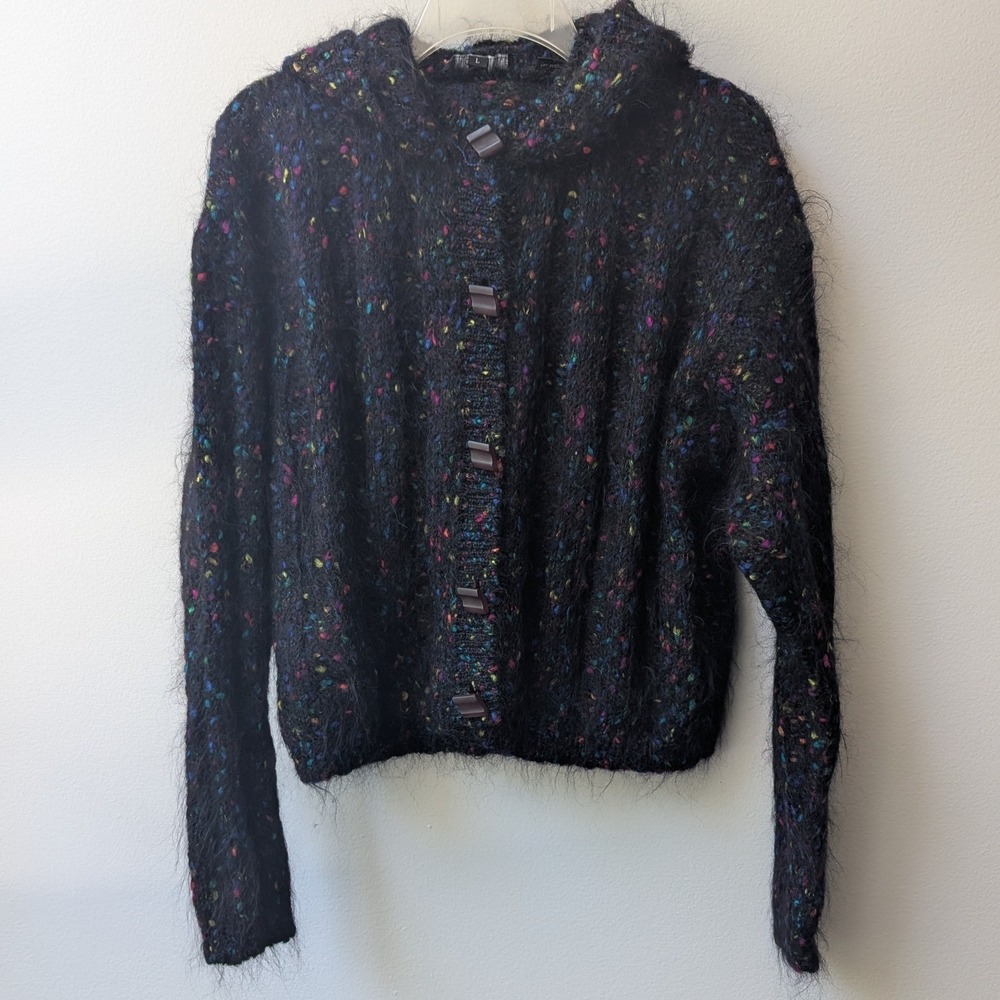 Vtg Carole Little Cardigan Black Confetti Mohair Blend Fuzzy Hooded Sweater Lg